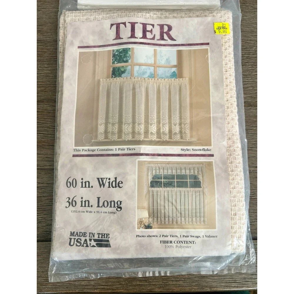 Vintage Lace Kitchen Curtain 3 Piece Set Snowflake Natural Ivory Grandmacore NOS
